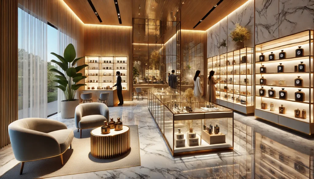 Upscale cannabis dispensary with glass counters, marble floors, gold accents, and a lounge area, creating a luxurious boutique atmosphere.