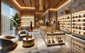 Upscale cannabis dispensary with glass counters, marble floors, gold accents, and a lounge area, creating a luxurious boutique atmosphere.