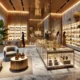 Upscale cannabis dispensary with glass counters, marble floors, gold accents, and a lounge area, creating a luxurious boutique atmosphere.