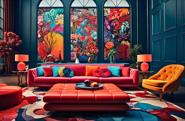 Maximalist decor showing bright furniture, dark walls, and multi-colored pillows.