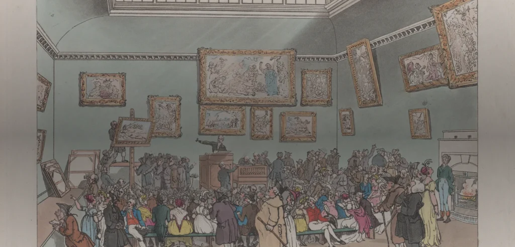 An 1808 hand-colored print of a crowded Christie's auction room, with bidders seated beneath framed artworks.