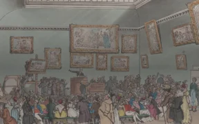 An 1808 hand-colored print of a crowded Christie's auction room, with bidders seated beneath framed artworks.
