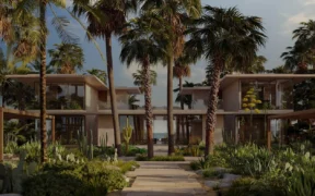 Amanvari resort buildings framed by palm trees and desert landscaping in Baja California Sur, Mexico.