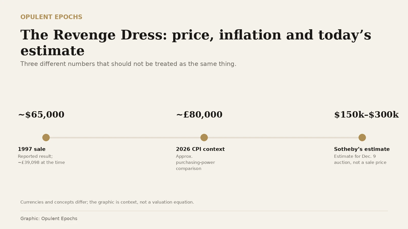 Timeline graphic comparing the Revenge Dress’s 1994 public event, reported 1997 sale result, 2026 CPI purchasing-power context and Sotheby’s 2026 auction estimate.