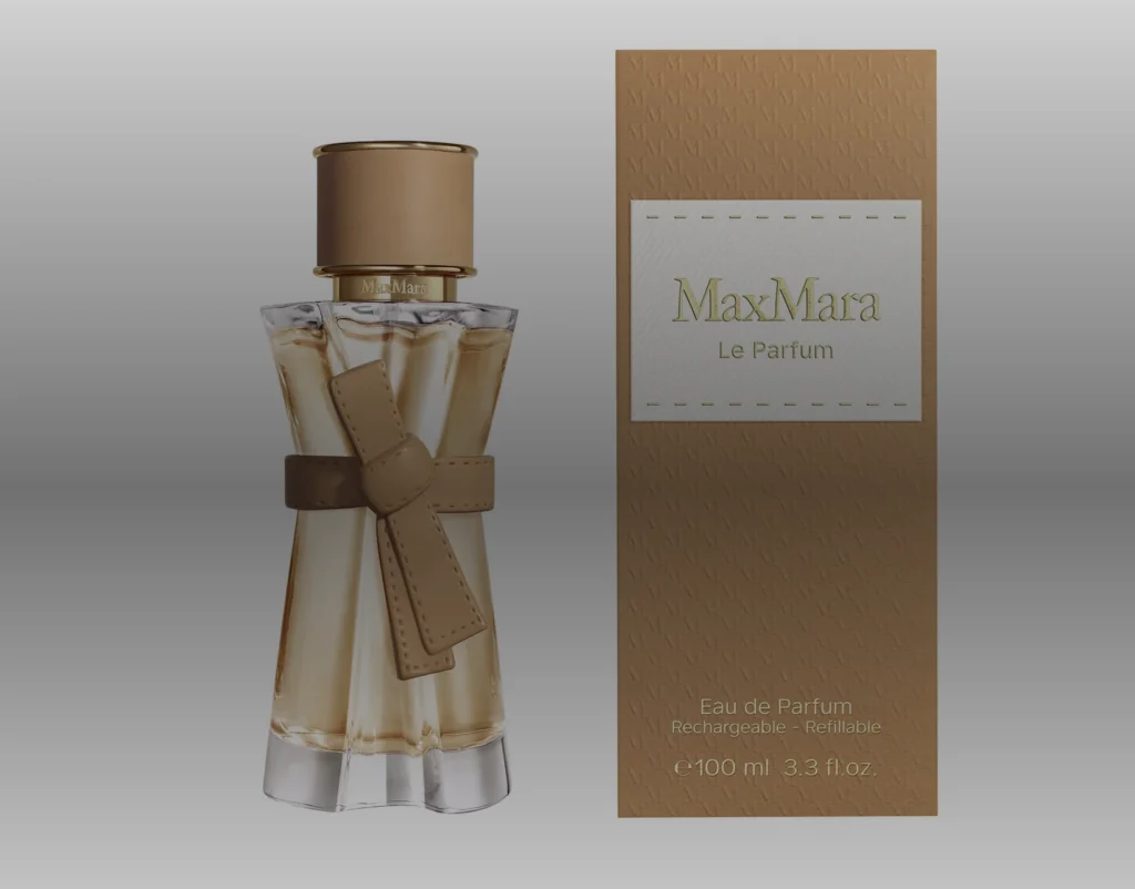 Max Mara Le Parfum bottle and presentation box in Shiseido newsroom photography.