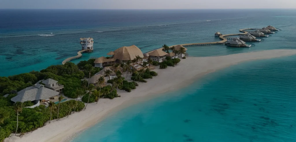 Aerial view of Soneva Secret in the Maldives, one of the hotels entering the 2026 MICHELIN Key selection at Three Keys.