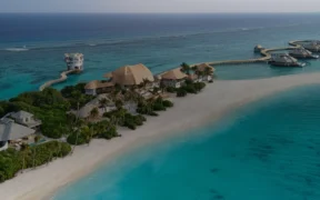 Aerial view of Soneva Secret in the Maldives, one of the hotels entering the 2026 MICHELIN Key selection at Three Keys.