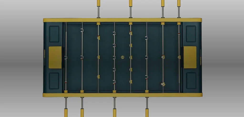 Green-and-yellow Hermès foosball table upholstered in leather with rows of jockey figures.