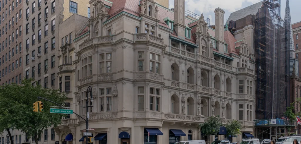 Ralph Lauren's Madison Avenue flagship in the Rhinelander Mansion, viewed from across the street in August 2026.