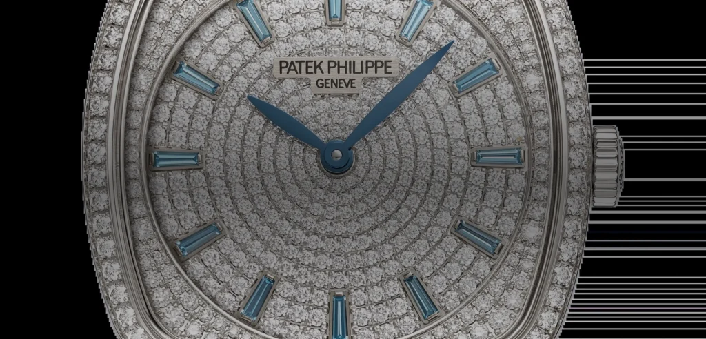 Patek Philippe Gondolo Ladies First Joaillerie 7043/250G-001 in white gold, diamond-set dial and blue topaz hour markers, with peacock-blue strap.