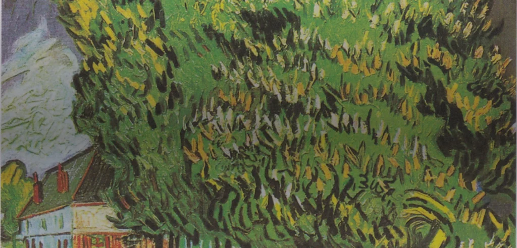 Vincent van Gogh’s Châtaigniers en fleurs, painted at Auvers in May 1890, with flowering chestnut trees above figures on a path.