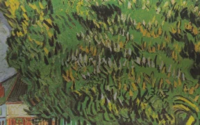 Vincent van Gogh’s Châtaigniers en fleurs, painted at Auvers in May 1890, with flowering chestnut trees above figures on a path.