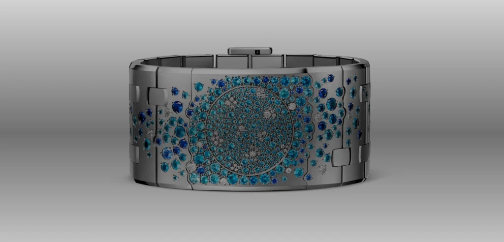 A white-gold cuff set with diamonds and deep-blue gemstones.