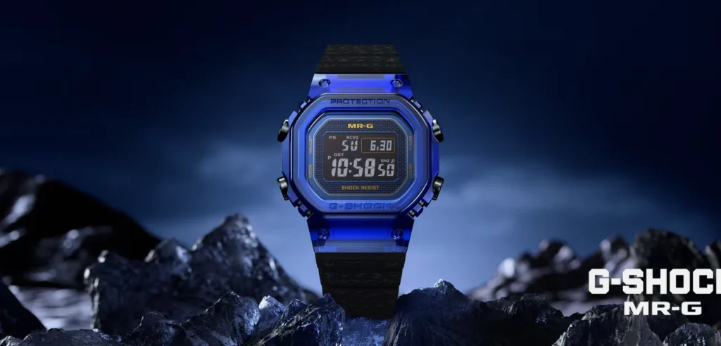 Casio G-SHOCK MRG-D5000 Blue Sapphire watch in official Casio campaign photography.
