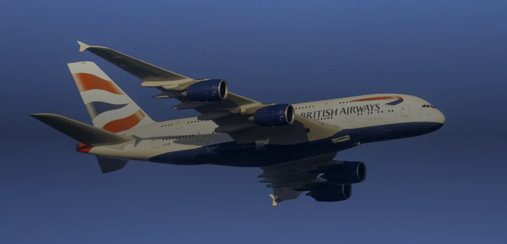 British Airways Airbus A380 G-XLEB approaching Washington Dulles International Airport in 2025.
