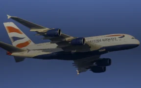 British Airways Airbus A380 G-XLEB approaching Washington Dulles International Airport in 2025.